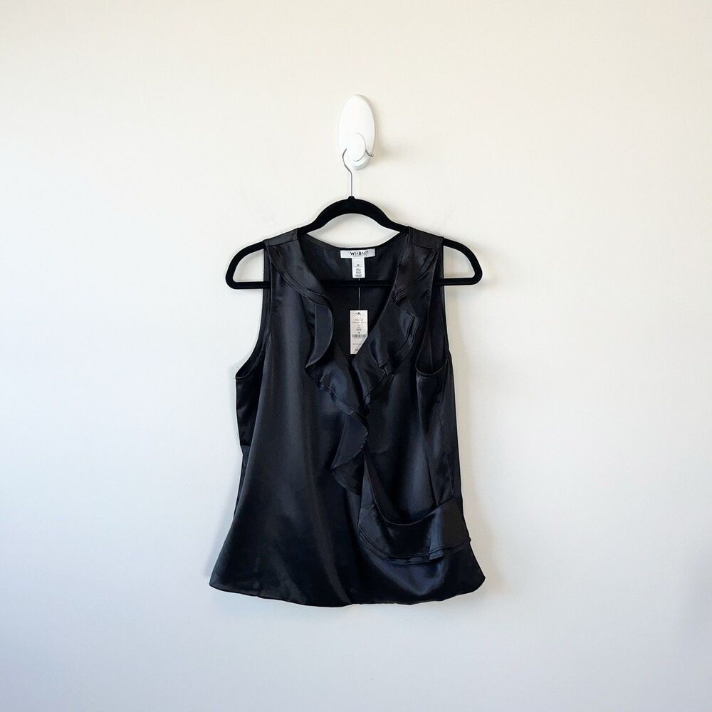White House Black Market Surplice Ruffle Shell Sleeveless Top Black Medium NWT's